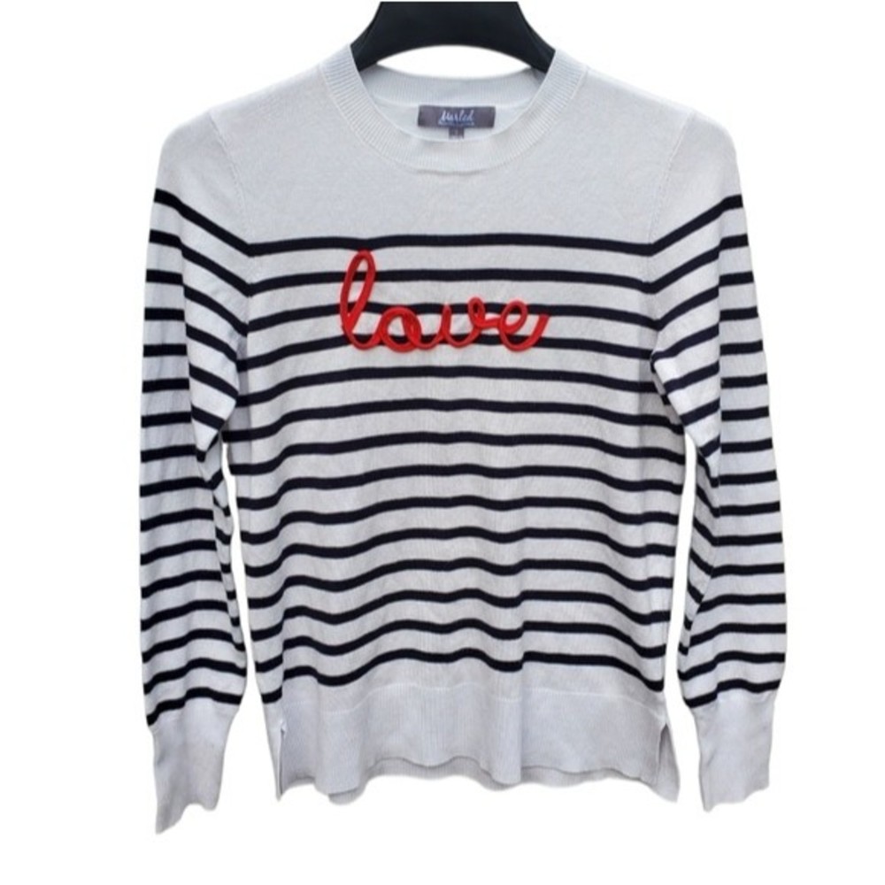 Marled Navy and White Striped "Love" Sweater